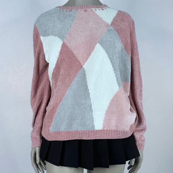 Chenille Argyle Sweater Pink Gray White Size XL Cozy Y2K Grandma Core - Picture 2 of 9